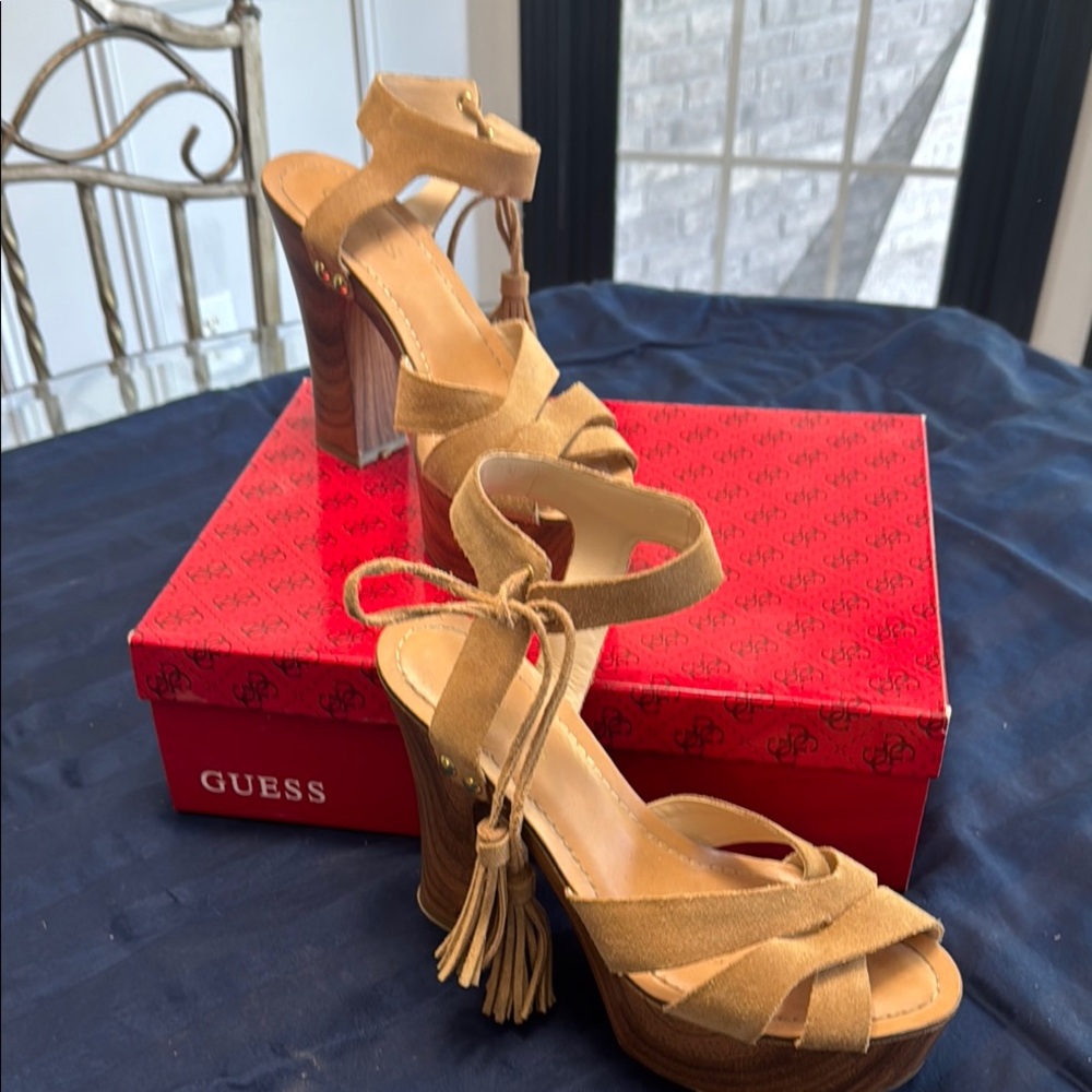 Guess Tan High-Heeled Sandals with Tassel Embellishments size 8.5